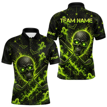Maxcorners Custom Green Halloween Men Golf Team Shirt With Name, Neon Lime Skull Spooky Golf Polo Apparel LM0409