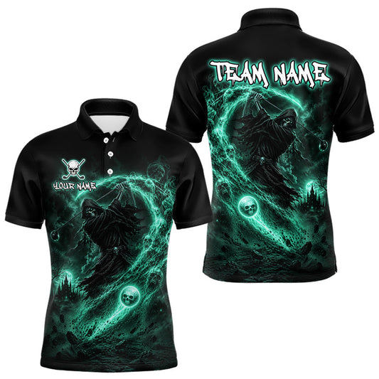Maxcorners Green Grim Reaper Mens Golf Polo Shirt – Personalized Team Name Gothic Golf Jersey