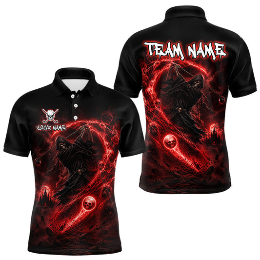 Maxcorners Red Grim Reaper Mens Golf Polo Shirt – Personalized Team Name Gothic Golf Jersey
