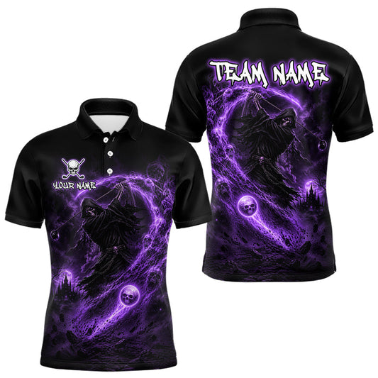 Maxcorners Purple Grim Reaper Mens Golf Polo Shirt – Personalized Team Name Gothic Golf Jersey