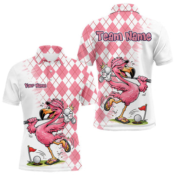 Maxcorners Funny Pink Flamingo Argyle Pink Pattern Golf Polo Shirt Custom Golf Shirts For Men