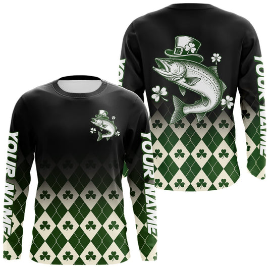 Maxcorners St. Patrick’S Day Chinook Salmon Fishing Shirt, Shamrock Argyle Long Sleeve Shirt For Anglers LM0609