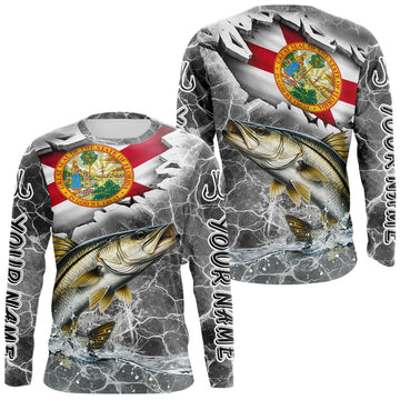 Maxcorners Florida Snook Camo Gray Custom Long Sleeve Performance Fishing Shirts, Florida Flag Fishing Jerseys LM0404