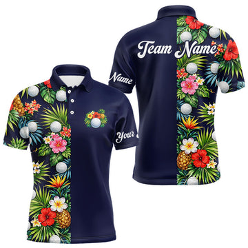 Maxcorners Mens Golf Polo Shirt Green Tropical Flower Leaves Custom Name Golf Polo Shirts, Golfing Gift