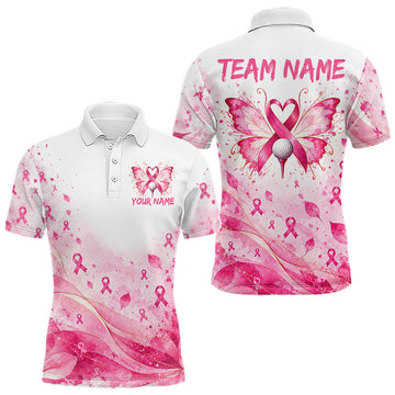 Maxcorners Breast Cancer Awareness Butterfly Men Golf Polo Shirt Custom Pink Ribbon Team Jersey