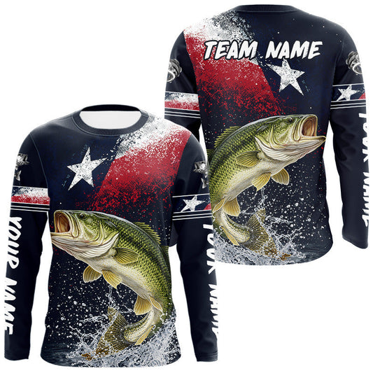 Maxcorners Custom Vintage Bass Long Sleeve Patriotic Fishing Shirt For Men, Bass Texas Flag Fishing Shirt LM1904