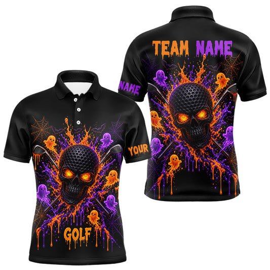 Maxcorners Personalized Spooky Halloween Men Golf Polo Shirt, Orange Purple Skull Dripping Slime Apparel