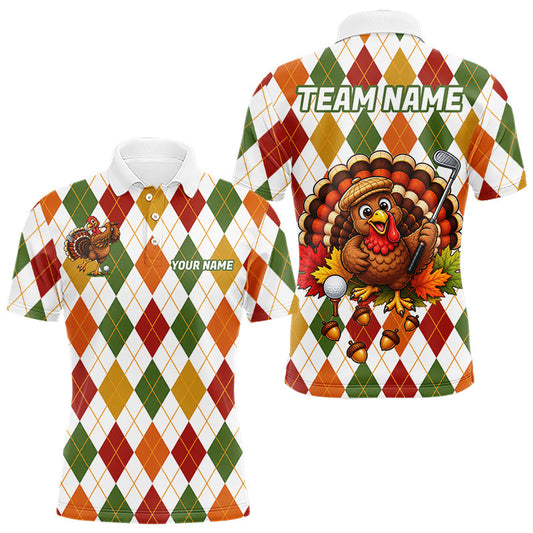 Maxcorners Turkey Men Golf Shirt Thanksgiving Argyle Golf Shirt, Custom Name Team Golf Top For Men