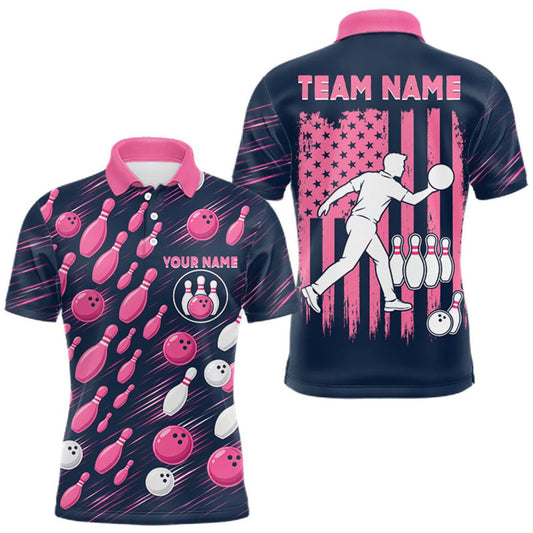 Maxcorners Navy Pink Bowling Ball Pins Polo Shirt For Men Custom USA Flag Bowling Team Tournament Jersey LM0510