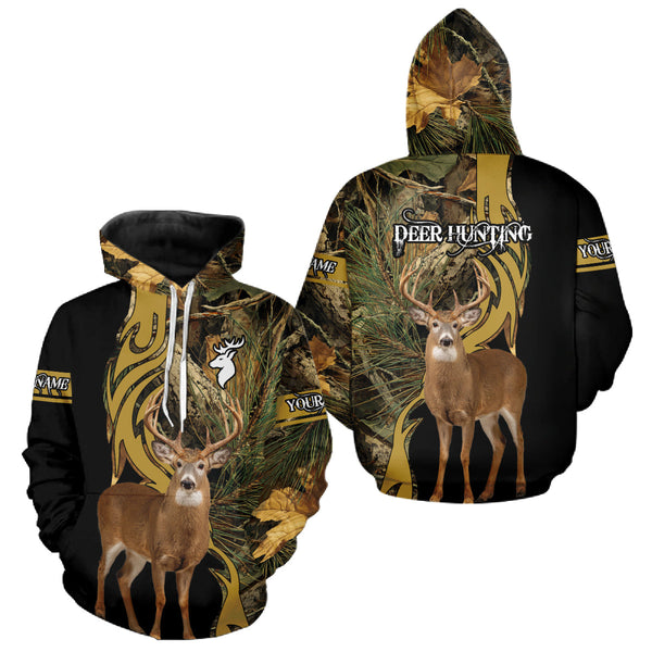 Maxcorners Deer Hunting 3D Black Camo Forest Custom Name All Over Print Shirt, Deer Hunting Gifts LM1610