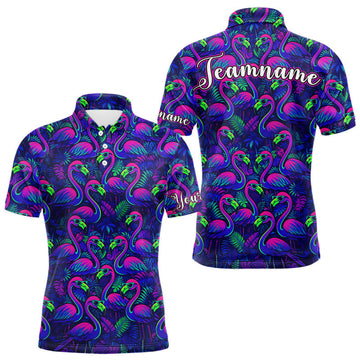 Mens Golf Polo Shirt Neon Flamingos Tropical Pattern Custom Name, Golfing Gifts LM1203