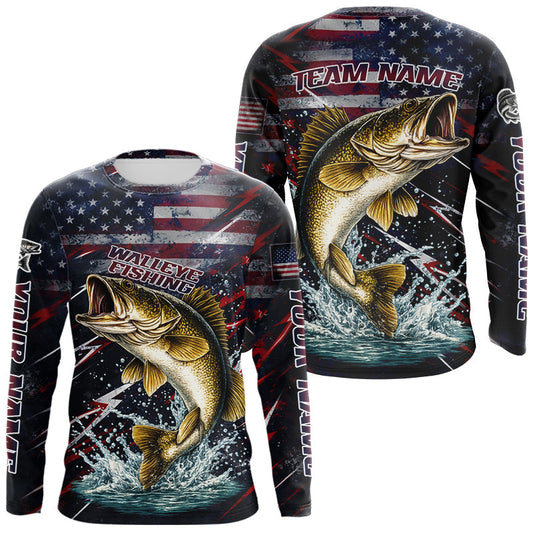 Maxcorners Personalized US Flag Walleye Fishing Shirts Long Sleeve, Patriotic Walleye Fishing Apparel LM2602