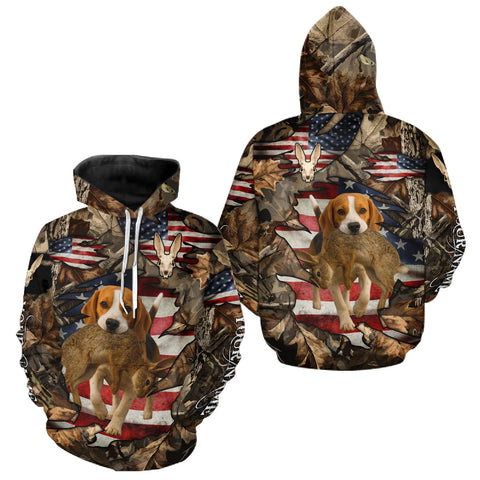 Maxcorners Rabbit Hunting with Beagle Skull 3D US Flag Forest Camo Custom Hunting Shirt – Hunting Gif LM2509