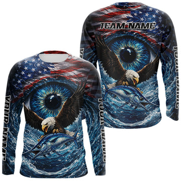 Maxcorners USA Eagle Marlin Fishing Shirt Long Sleeve – Custom Name Patriotic Ocean Eye Design LM2901