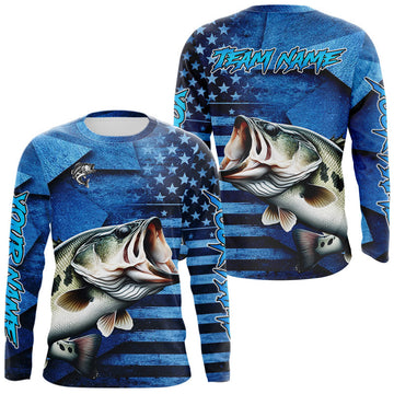 Maxcorners Bass Fishing Shirts Long Sleeve With American Flag, Personalized Bass Fishing Gift For Father Days LM0404