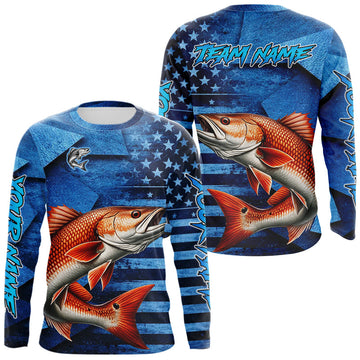 Maxcorners Redfish Fishing Shirts Long Sleeve With American Flag, Personalized Redfish Fishing Gift For Father Days LM0404