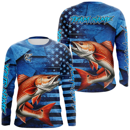 Maxcorners Redfish Fishing Shirts Long Sleeve With American Flag, Personalized Redfish Fishing Gift For Father Days LM0404