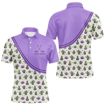 Maxcorners Personalized Funny Purple Cactus Pattern Mens Golf Polo Shirts Custom Cactus Golf Shirt, Golfer Gifts LM1005
