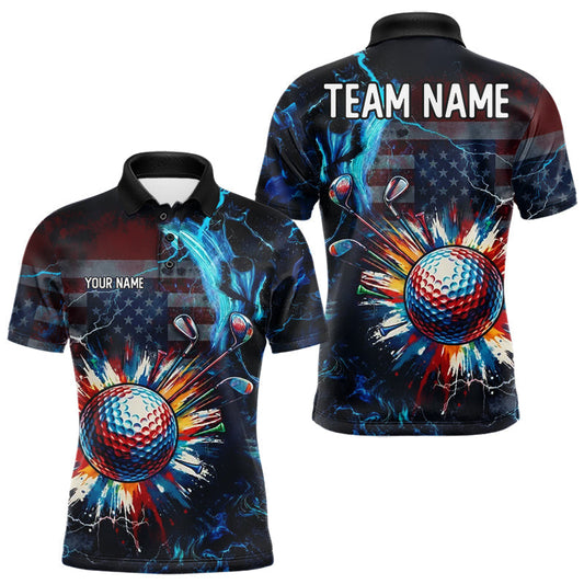 Maxcorners American Flag Mens Golf Polo Shirt Custom Name Black Golf Shirt, Patriotic Golf Team Shirts LM0706