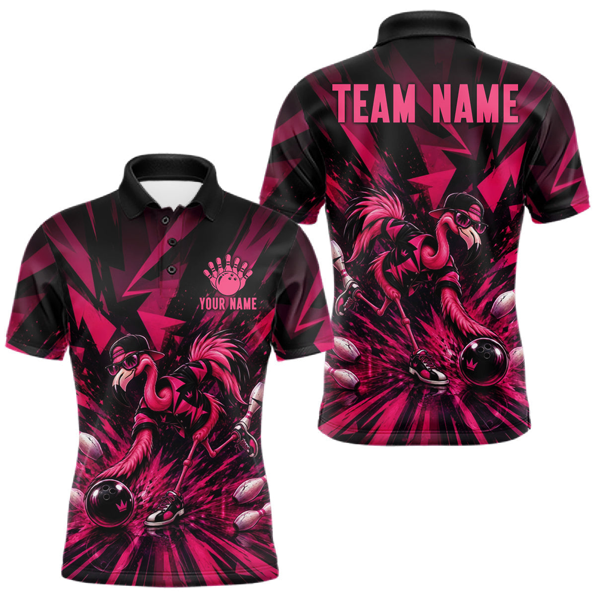 Maxcorners Funny Pink Flamingo Custom Polo & 1/4 Quarter Zip Bowling Shirts For Men, Flamingo Bowling Team Outfits