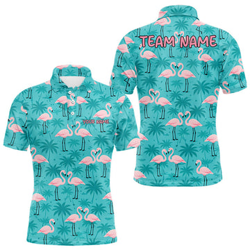Maxcorners Mens Golf Polo Shirt Pink Flamingo Tropical Leaves Pattern Custom Team Flamingo Golf Polo Shirts LM1104