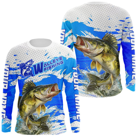 Maxcorners Blue Camo Walleye Fishing Shirts Long Sleeve, Walleye Fishing Jerseys LM2602