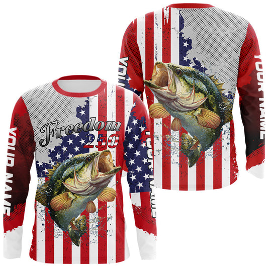 Maxcorners Freedom 250 Bass Fishing Shirts Long Sleeve American Flag Fishing, Custom Bass Shirts With US Flag LM2901