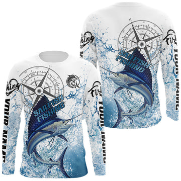 Maxcorners Custom Sailfish Long Sleeve Fishing Shirts Saltwater Fish, Compass Offshore Tournament Fishing Shirts LM2201