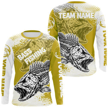 Maxcorners Yellow Camo Bass Fishing Jerseys For Fishing Team, Bass Skeleton Fishing Shirts Long Sleeve LM2602