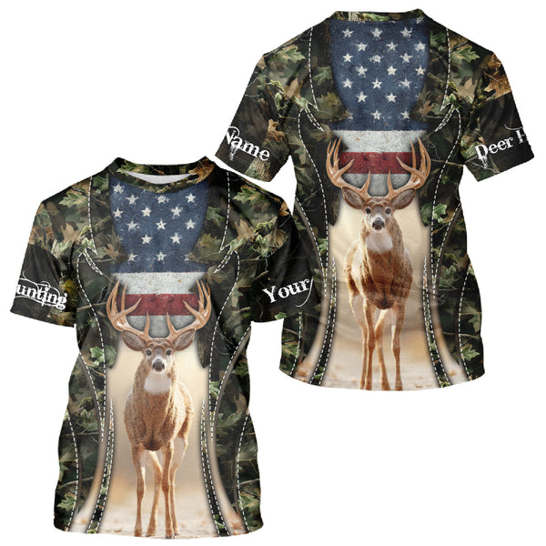 Maxcorners Patriotic Green Camo Deer Hunting Shirt – American Flag Whitetail Buck, Custom Name for Men LM2608