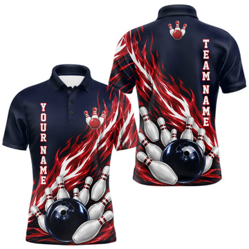 Maxcorners Red And Blue Custom Flame Bowling Polo & 1/4 Quarter Zip Shirts For Men, Fire Bowling Team Shirt