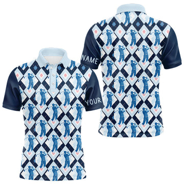 Maxcorners Blue Argyle Golf Polo Shirt For Men, Golf Friends Shirt, Blue Retro Golf Outfits