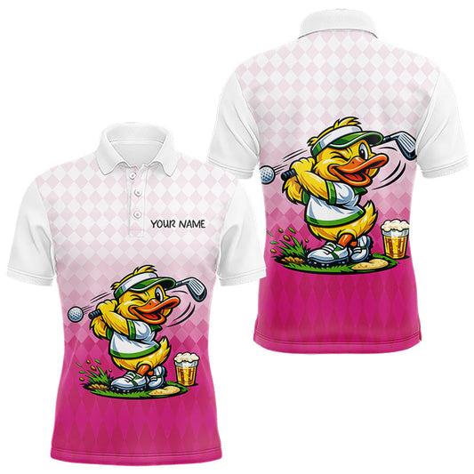 Maxcorners Funny Duck Golf Polo Shirt For Men, Cute Duck With Beer Print Shirt, Sporty Animal Golf Gift|Pink LM1904