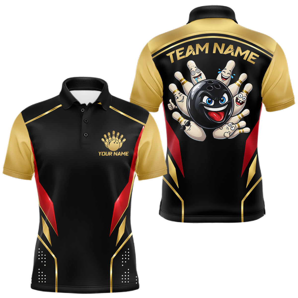 Maxcorners Black And Gold Funny Bowling Ball Polo, Quarter Zip Shirts For Men Custom Bowling Team Jerseys