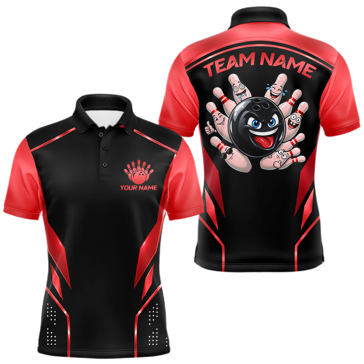 Maxcorners Black and Red Funny Bowling Ball Polo, Quarter Zip Shirts For Men Custom Bowling Team Jerseys