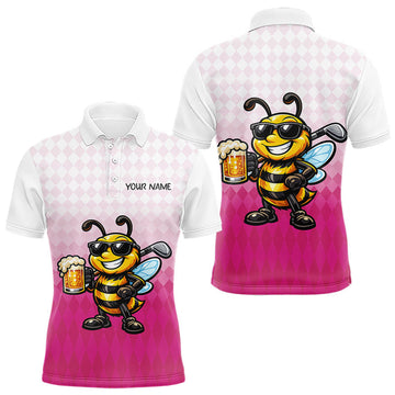 Maxcorners Funny Bee Golf Polo Shirt For Men, Cute Bee With Beer Print Shirt, Sporty Animal Golf Shirt LM2704