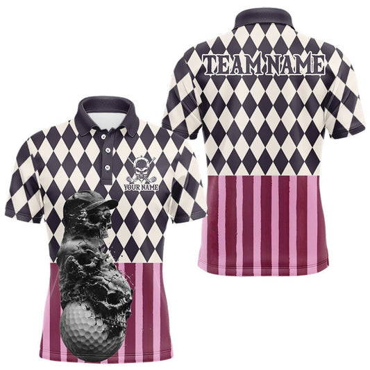 Maxcorners Mens Golf Polo Shirts Custom Black Pink Argyle Pattern Golf Skull Golf Tops For Men, Golf Gifts LM2806