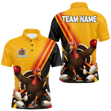 Maxcorners Custom Black Yellow Mens Bowling Polo & 1/4 Quarter Zip Shirts, Thanksgiving Bowling Team Jerseys LM0409