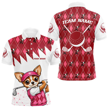 Maxcorners Funny Cute Dog Pink Argyle Pattern Mens Golf Polo Shirts, Dog Lover Golf Team Shirts LM0409
