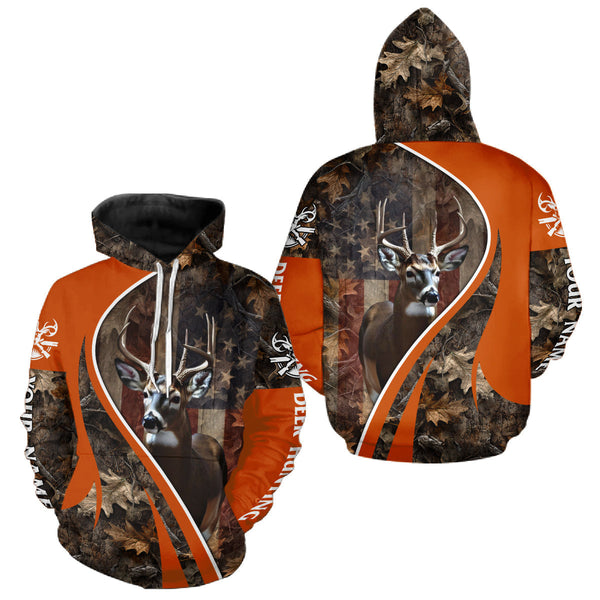 Maxcorners Custom Whitetail Deer Hunting Shirt 3D All Over Print with Orange Camo US Flag Hunting Gifts LM3010