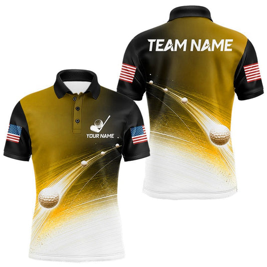 Maxcorners Black Gold Golf Ball Pattern American Flag Mens Golf Polo Shirts, Team Golf Shirts Golf Gifts LM2806
