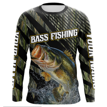 Maxcorners Personalized Reed Camo Bass Fishing Long Sleeve Shirts, Custom Diagonal Stripe Largemouth Bass Tournament Jerseys|Green LM2512