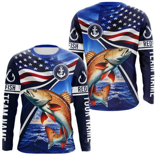 Maxcorners American Flag Redfish Fishing Long Sleeve Saltwater Fishing Shirts, Custom Redfish Fishing Jerseys LM0609