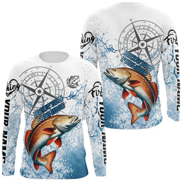 Maxcorners Custom Redfish Long Sleeve Fishing Shirts Saltwater Fish, Compass Offshore Tournament Fishing Shirts LM0404