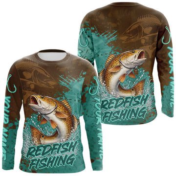 Maxcorners Personalized Redfish Fishing Shirts Long Sleeve Brown Turquoise Camo, Redfish Fishing Shirts For Men LM0402