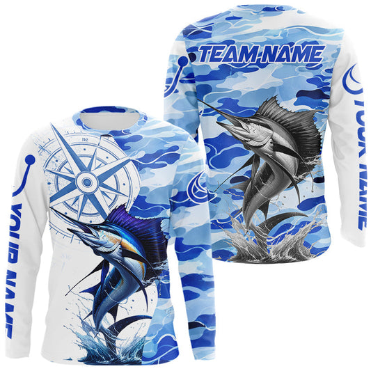 Maxcorners Custom Blue Camo Saltwater Sailfish Fishing Shirts Long Sleeve, Offshore Fishing Shirt LM0106
