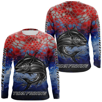 Maxcorners Custom Red Blue Tuna Fishing Long Sleeve Fishing Shirts, Saltwater Offshore Fishing Shirts LM0402
