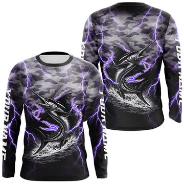 Maxcorners Thunder Lightning Swordfish Fishing Shirts Long Sleeve Black Camouflage, Saltwater Fishing Shirts LM0402