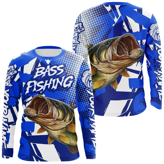 Maxcorners Blue Camo Largemouth Bass Fishing Shirts Long Sleeve, Bass Fishing Shirts For Men LM0503