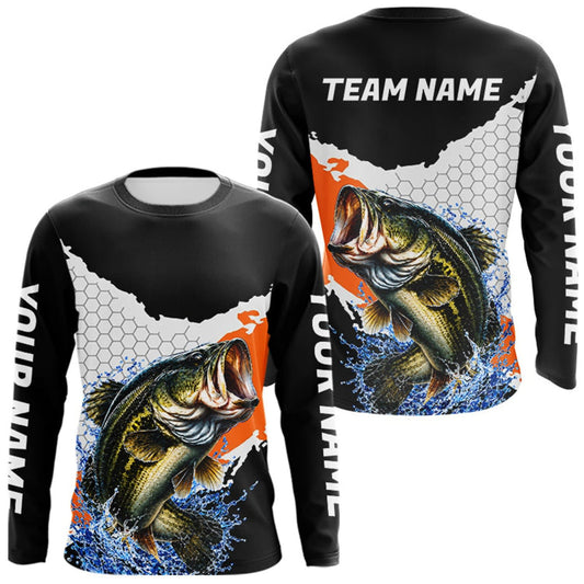Maxcorners Black Orange Largemouth Bass Fishing Custom Long Sleeve Performance Fishing Shirts LM0410